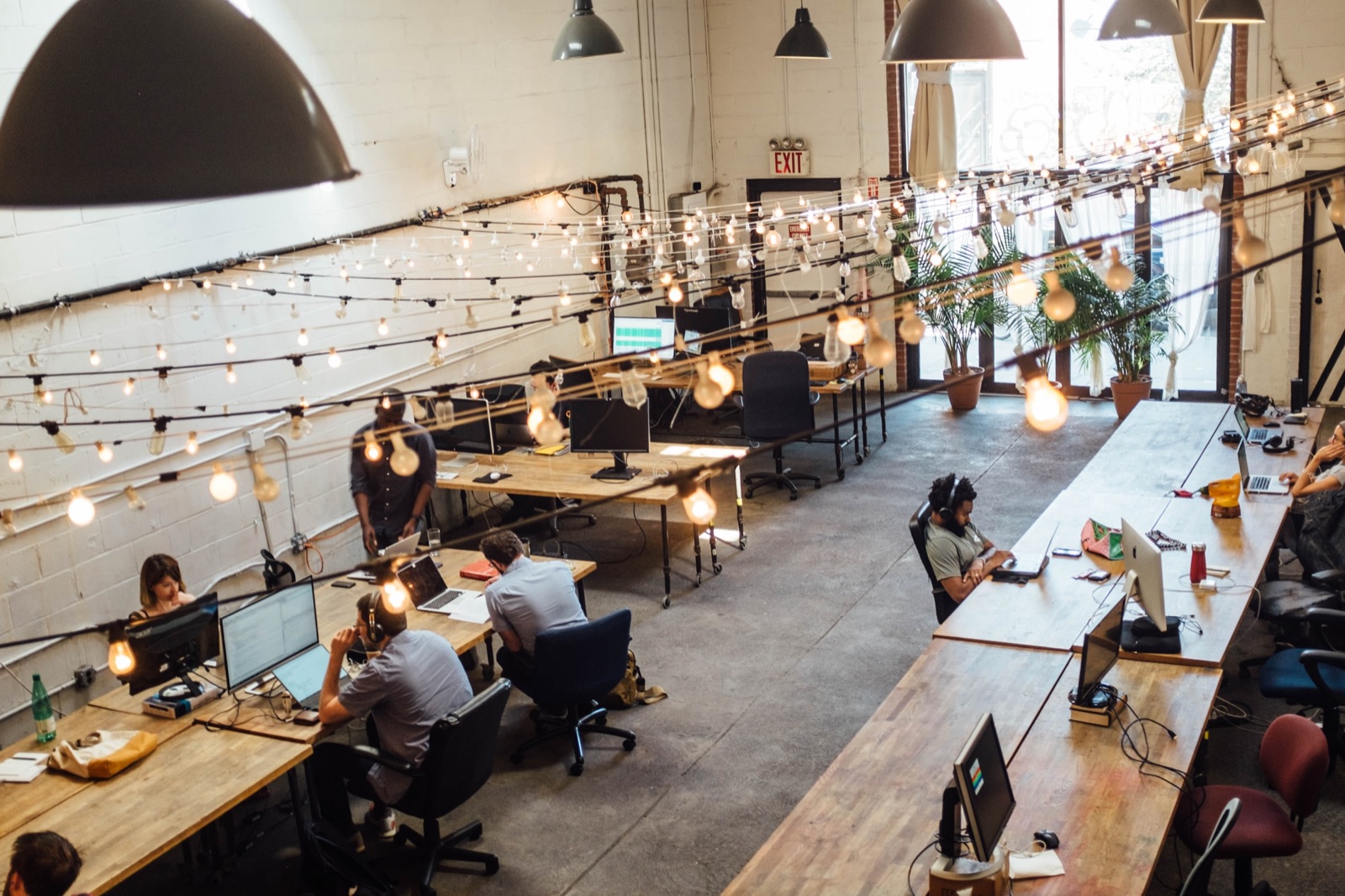 An open-plan office filled with natural daylight, with people working at desks